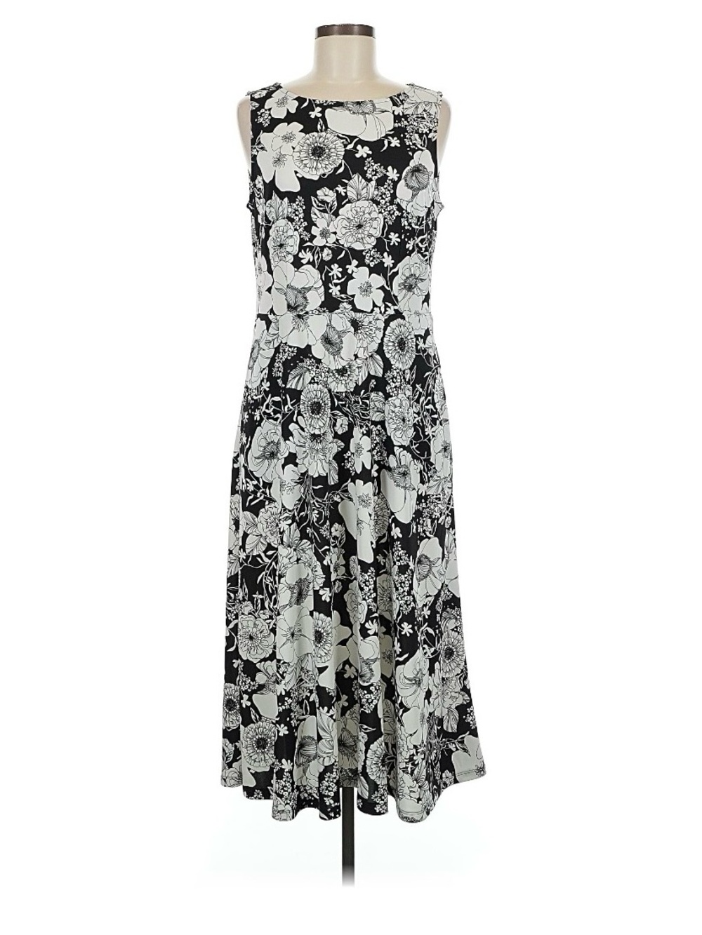 Talbots Black and White Floral Fit and Flare Midi Dress